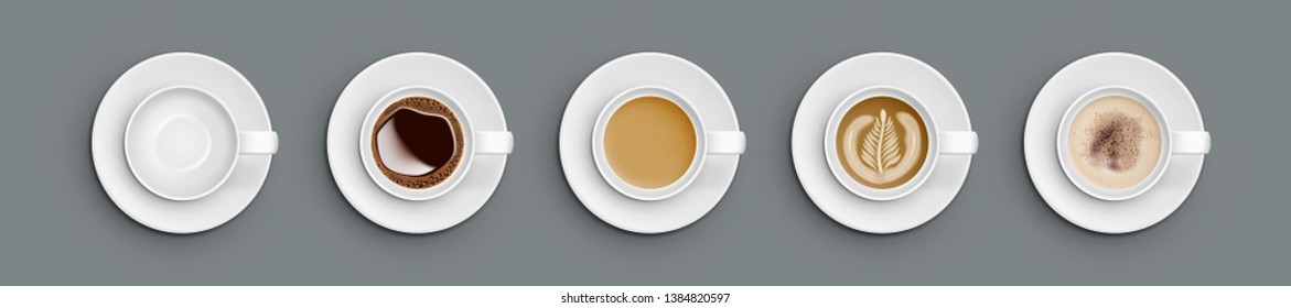 Realistic White Cups With Coffee. Top View. EPS10 Vector