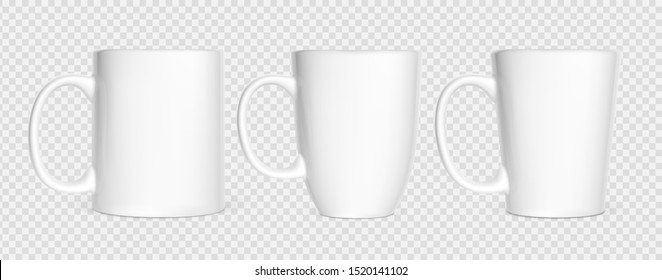 Realistic white cups isolated on white transparent. Vector illustration.