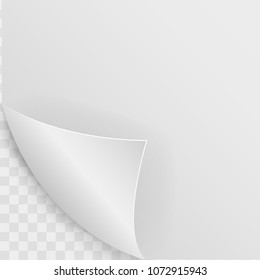 Realistic white curled corner with shadow on transparent background. Vector illustration.