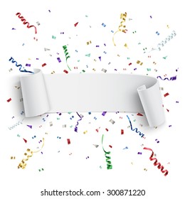 Realistic white curved ribbon, on celebration background with colorful confetti and ribbons. Vector illustration.