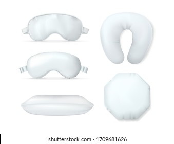 Realistic white cushion pillows, mask template. White orthopedic pillows different shapes and sizes. Mockup of square comfort soft blank bed cushions for sleep and rest in bedroom vector