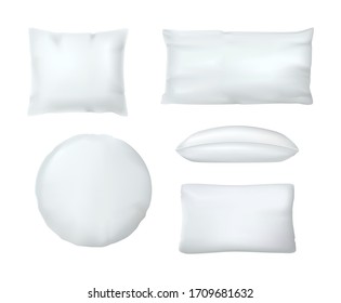 Realistic white cushion pillows. White orthopedic pillows different shapes and sizes. Mockup of square comfort soft black bed cushions for sleep and rest in bedroom vector