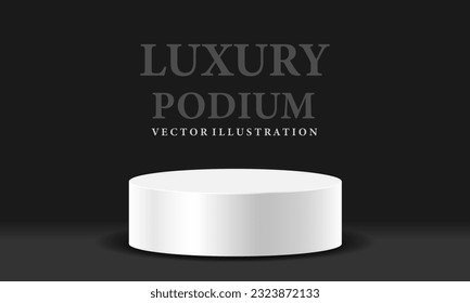 Realistic white cylinder 3D black room pedestal podium minimal scene product display presentation stage for showcase vector illustration.