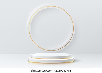 Realistic white cylinder pedestal podium with golden circle ring on the wall. Vector abstract studio room with 3D geometric forms. Luxury minimal scene for mockup products showcase, Promotion display.