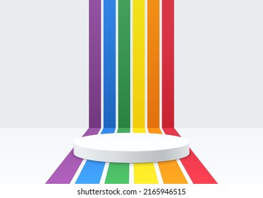 Podio peatonal de cilindro blanco realista con rayas de perspectiva en color arcoiris. Concepto Lgbtq. Resumen de escena mínima para productos de maquillaje, escaparate de escenario, presentación de promoción. Formas geométricas vectoriales