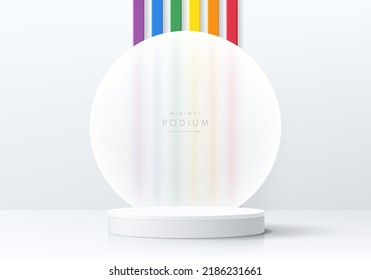 Realistic white cylinder pedestal podium with circle scene and stripes rainbow color. Lgbtq concept. Abstract minimal scene for mockup product, stage showcase, promotion display. Vector geometric form