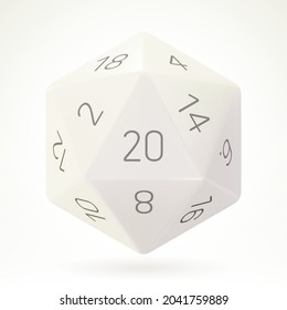 Realistic White D20 Die for Board Game