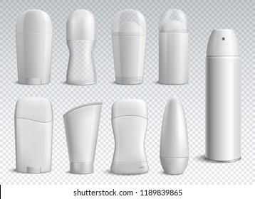 Realistic white deodorant bottles set of different shapes on transparent background isolated vector illustration