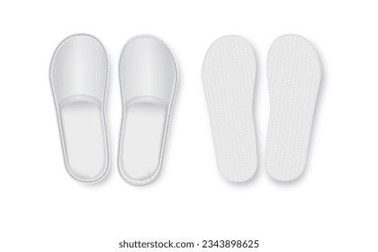 Realistic White Detailed Hotel Slippers on White Background. Comfortable Footwear. Vector illustration