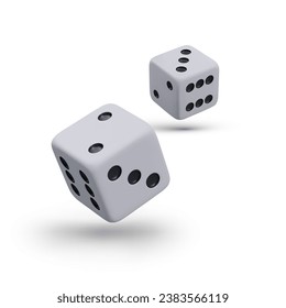 Realistische weiße Würfel mit schwarzen Punkten. Vektorelemente mit Schatten. Kuben im Flug, fallender Effekt. Illustration für Website, Anwendung von Glücksspielen, Tischspiele