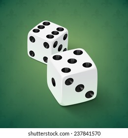 Realistic white dice icon on green background. Vector illustration