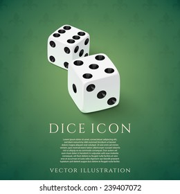 Realistic white dice icon on green background. Vector illustration