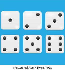  realistic white dice isolated on blue background