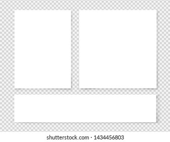 Realistic white different size paper sheets with shadows isolated on transparent background. Vector illustration