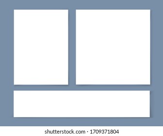 Realistische weiße, unterschiedliche Papierbögen mit Schatten einzeln auf grauem Hintergrund. Vektorillustration