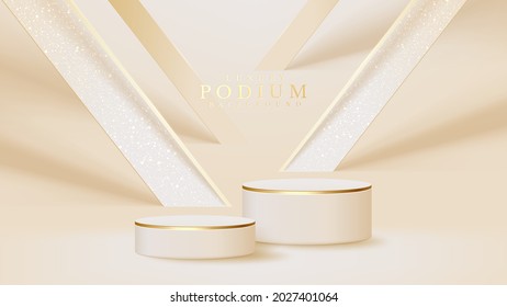 Realistic white display stand with golden diagonal lines scene, podium showing product for promotion sales and marketing. luxury style background. 3d vector illustration.