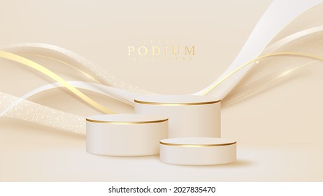 Realistic white display stand with golden curve lines scene, podium showing product for promotion sales and marketing. luxury style background. 3d vector illustration.