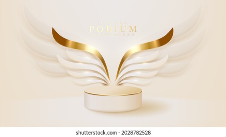 Realistic white display stand and golden curve lines scene  podium showing product for promotion sales   marketing  luxury style background  3d vector illustration 