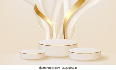 Realistic white display stand with golden curve lines scene, podium showing product for promotion sales and marketing. luxury style background. 3d vector illustration.