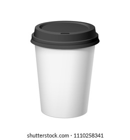 Realistic White Disposable paper Cup with black lid. For various hot drinks, coffee, cappuccino, cacao or tea. Mockup for brand template. vector illustration.