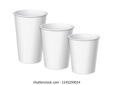 Realistic White Disposable small, big and middle Paper Cups. For various drinks, lemonade, fresh juice, coffee, tea or ice cream. Mock up for brand template. vector illustration.