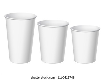 Realistic White Disposable small, big and middle Paper Cups. For various drinks, lemonade, fresh juice, coffee, tea or ice cream. Mock up for brand template. vector illustration.