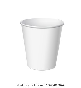 Realistic White Disposable small Paper Cup. For various drinks, lemonade, fresh juice, coffee, tea or ice cream. Mock up for brand template. vector illustration.