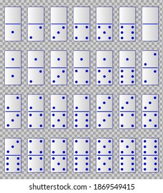 Realistic white domino full set isolated on transparent background. Dominoes bones art design. Vector illustration EPS10