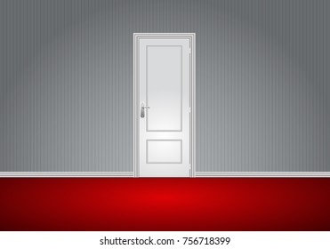 Realistic white door close on gray wall red floor room perspective vector illustration.