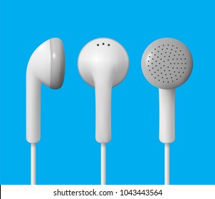 Realistic White Earphones. Isolated Vector Of Earbuds.