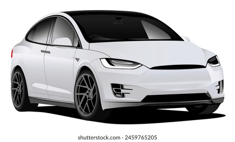 Realistic white Electric car with transparency, Isolated with gradients, shadow and in isometric, front, back and side view.