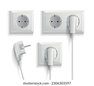 Realistic white electric wall sockets with plugs with one and two outlets isolated vector illustration