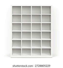 Plantilla de estantería vacía blanca realista. Muebles de diseño interior.