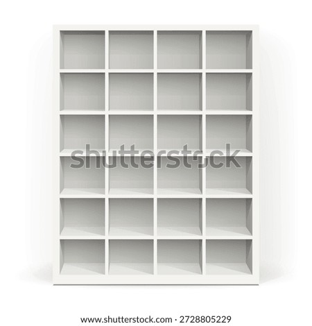 Realistic white empty bookshelf template. Interior design furniture.