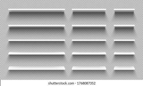 Realistic white empty shelves with shadow isolated on transparent wall background. Modern horizontal hardwood 3d furniture set for retail shop store, home or office vector illustration