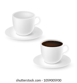 Realistic white emty and full cups of coffee isolated on white. Vector illustration.