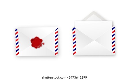 Realistic white envelope in different positions. Folded and unfolded envelope mockup isolated on a white background. Vector