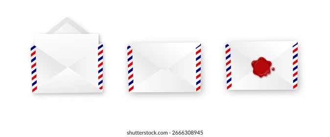 Envelope branco realista em diferentes posições. Montagem de envelope dobrado e desdobrado isolado em um fundo branco. Vetor