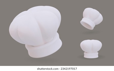 Realistic white fabric chef hat. View from different sides. Symbol of skill, professional in kitchen. Catering establishment with high rating. Kitchen uniform. Set of vector images