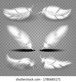 Realistic white feathers. Falling fluffy twirled elements of flying birds, vector illustration of set of decorative lightweight falling
