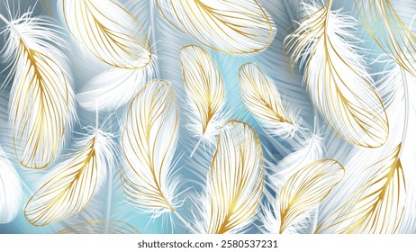 Realistic white feathers. Soft and fluffy birds and angel wings elements. Natural pillow filler. Differently curved plumage shapes. Avian fuzz. Isolated goose or swan quills. Vector feathering set