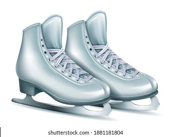 Realistic white figure skates. Symbol of Christmas and rink shoes isolated on white background. Women's figure skates for wolking at the ice. Vector illustration