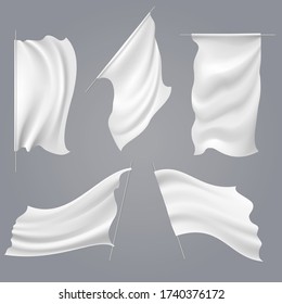 Realistic white flag mockups. Blank fabric vector flags, empty cloth wind waving banners isolated templates