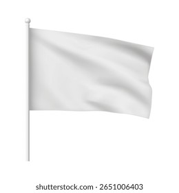 Plantilla de bandera blanca realista en asta de bandera, ilustración 3d de Vector. Horizontal tejido ondulado. Anuncio publicitario. Promoción, marketing, presentación. Fondo aislado. Maqueta.