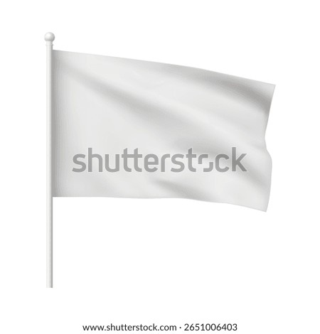 Realistic white flag template on flagpole, vector 3d illustration. Horizontal waving fabric. Advertising banner. Promotion, marketing, presentation. Isolated background. Mockup.