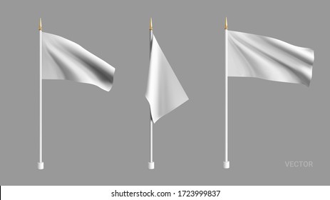 Realistic white flag waving in the wind. Set 3D advertising textile vector flags. Template for products, advertizing, web banners, leaflets, certificates and postcards. Vector illustration