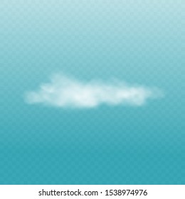Realistic white fluffy cloud isolated on transparent blue sky background - beautiful subtle fog decoration element. Weather element vector illustration