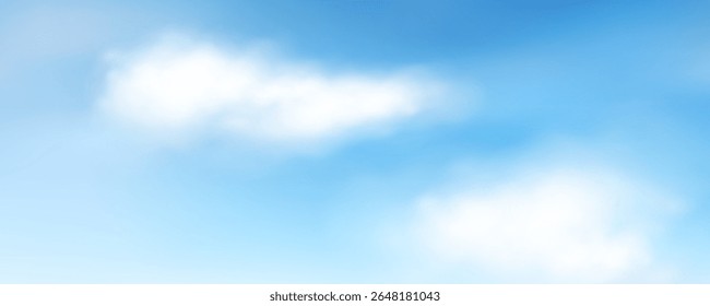 Realistic white fluffy cloud textures on light blue sky background. Heaven landscape for summer banner, cover, poster. Concept cloudscape. Natural overlay effect. Cloudy weather. Vector illustration