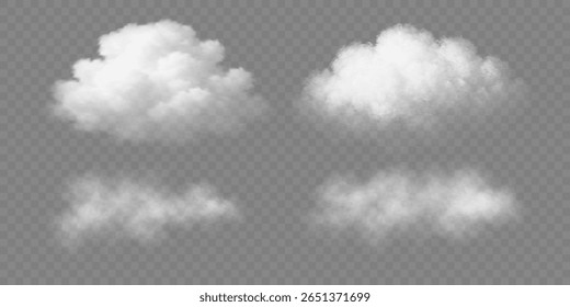Nuvens brancas macias realistas com efeito de nevoeiro ou fumaça clara sobre um fundo transparente. Misty elemento atmosfera para sobreposição em imagens, cenas dramáticas ou efeitos visuais meteorológicos. Vetor.
