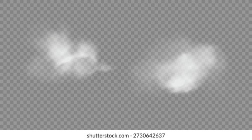 Nuvens brancas macias realistas com efeito de nevoeiro ou fumaça clara sobre um fundo transparente. Misty elemento atmosfera para sobreposição em imagens, cenas dramáticas ou efeitos visuais meteorológicos.